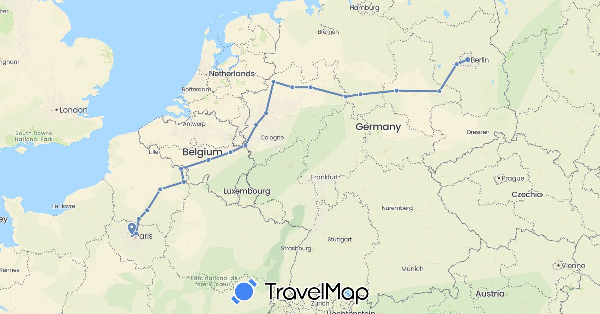 TravelMap itinerary: driving, cycling in Belgium, Germany, France (Europe)