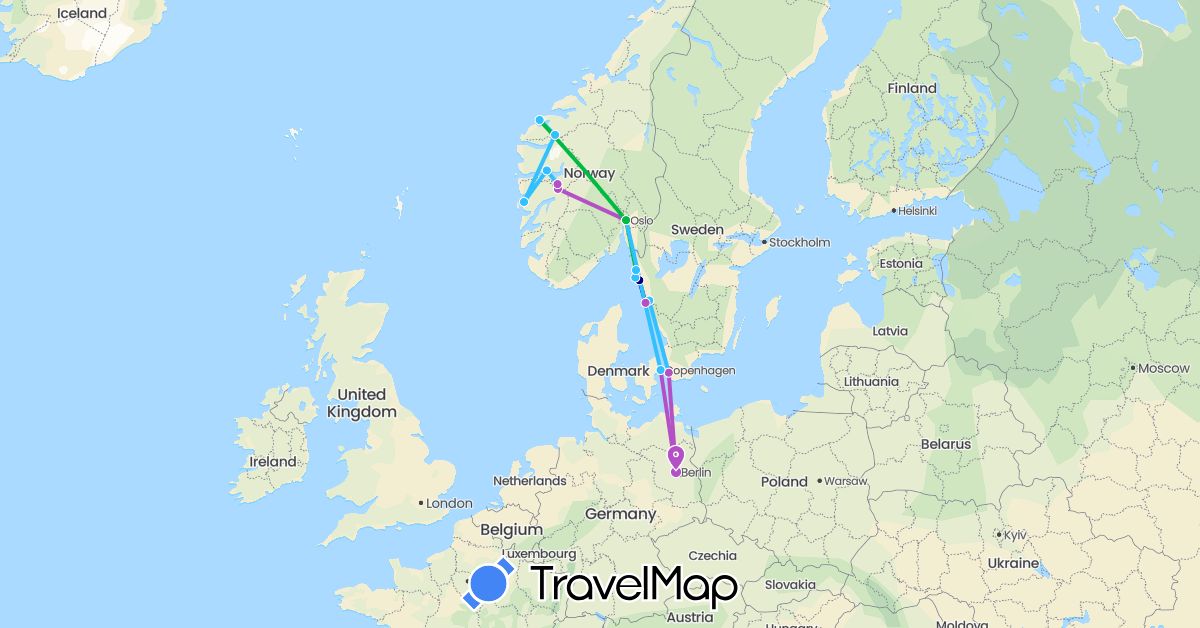 TravelMap itinerary: driving, bus, train, boat in Germany, Denmark, Norway, Sweden (Europe)