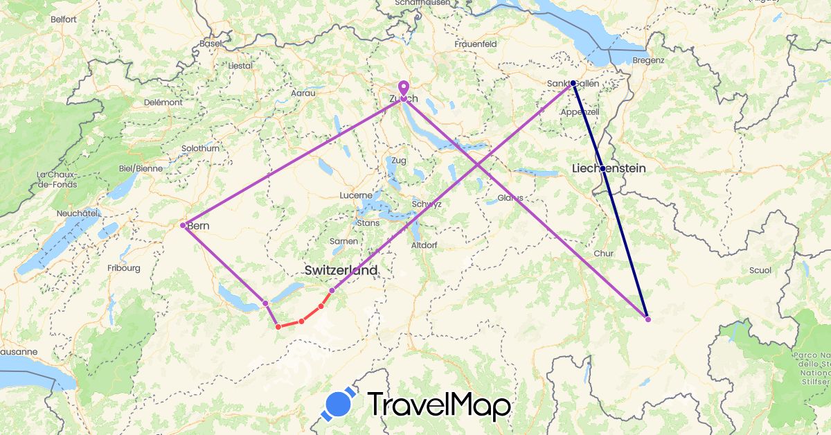 TravelMap itinerary: driving, train, hiking in Switzerland, Liechtenstein (Europe)