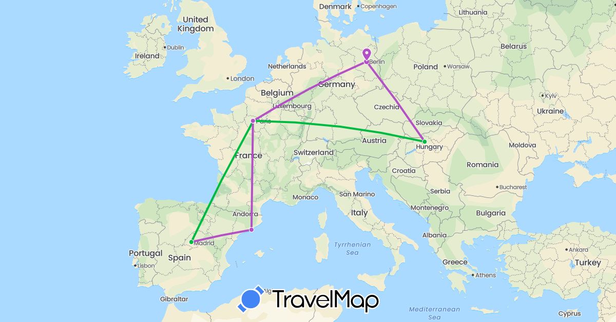 TravelMap itinerary: driving, bus, train in Germany, Spain, France, Hungary (Europe)