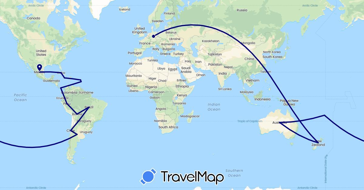 TravelMap itinerary: driving in Argentina, Australia, Bolivia, Brazil, Chile, Cuba, Germany, Fiji, France, Jamaica, Mexico, Netherlands, New Zealand, Panama, Peru (Europe, North America, Oceania, South America)